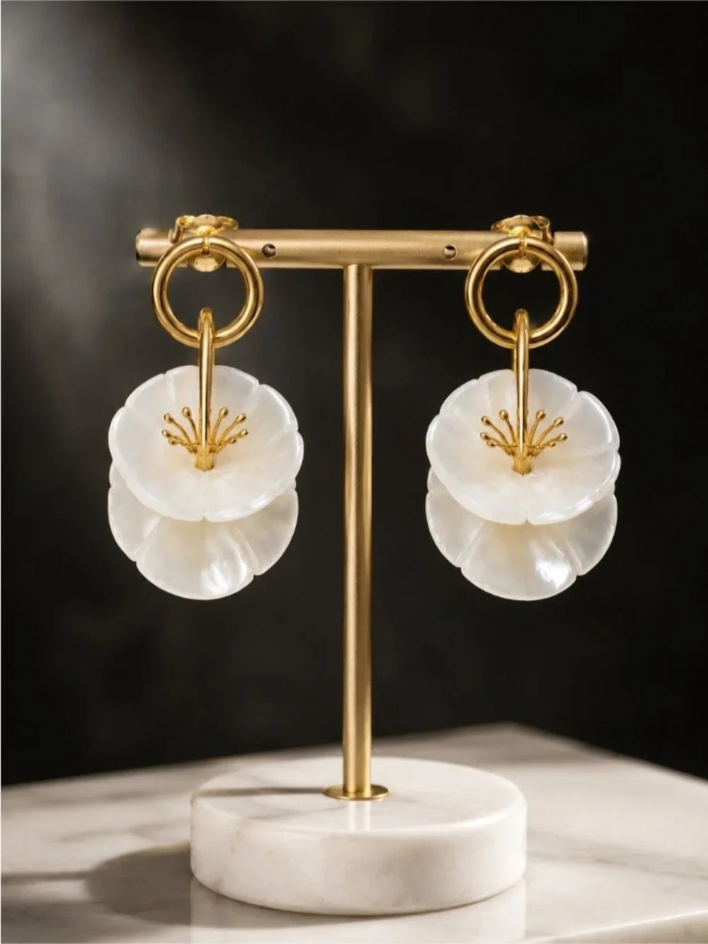 Gold and White Floral Drop Earrings